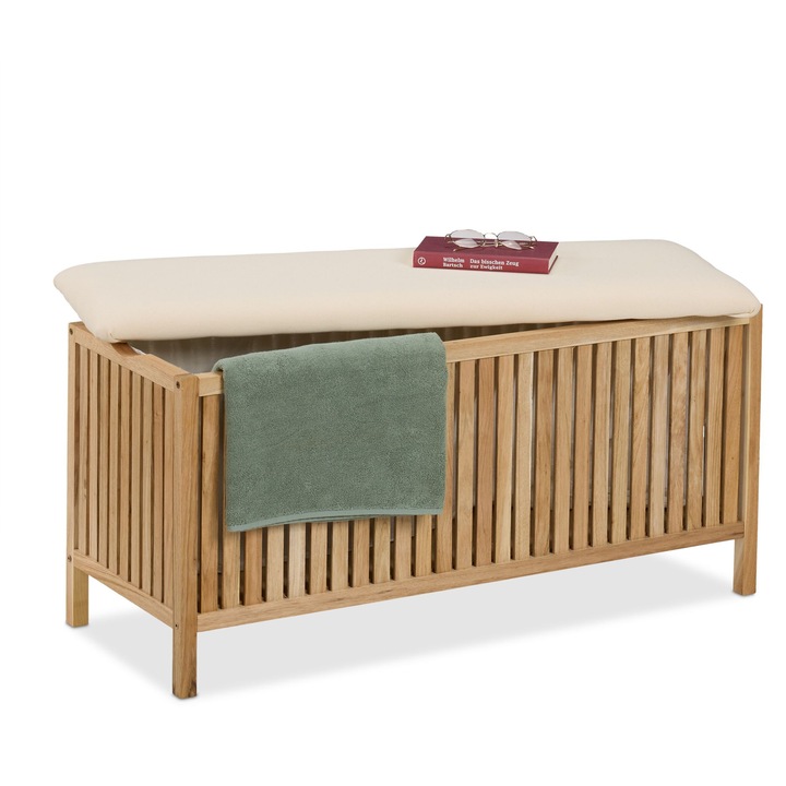 Banca de depozit pentru rufe Relaxdays, lemn de nuc, crem, 50x100x38 cm