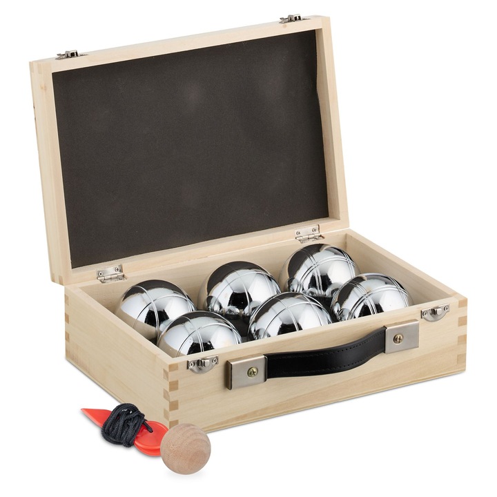 Relaxdays Petanque golyó készlet, 6 db, natúr/ezüst, 20x9x28 cm