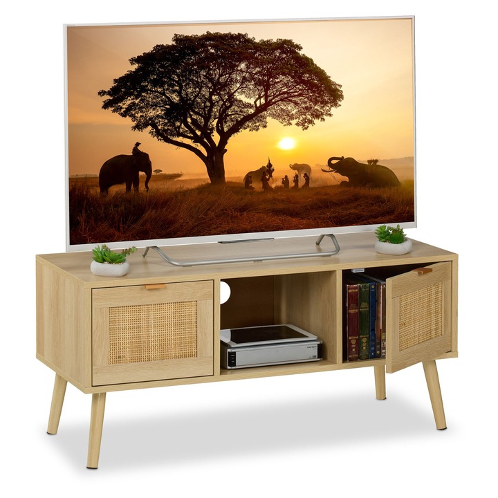Relaxdays TV szekrény, boho design, natúr fa, 45.5x100x40 cm, 2 rekesz