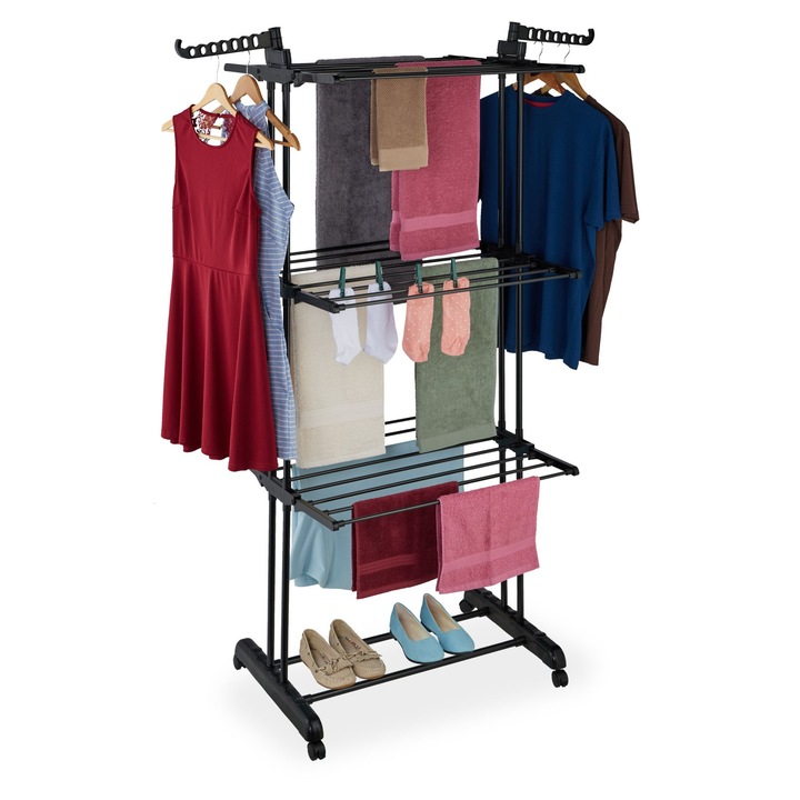 Uscator de rufe vertical Relaxdays, 4 niveluri, 6 aripi pliabile, negru, 179x63.5x126 cm