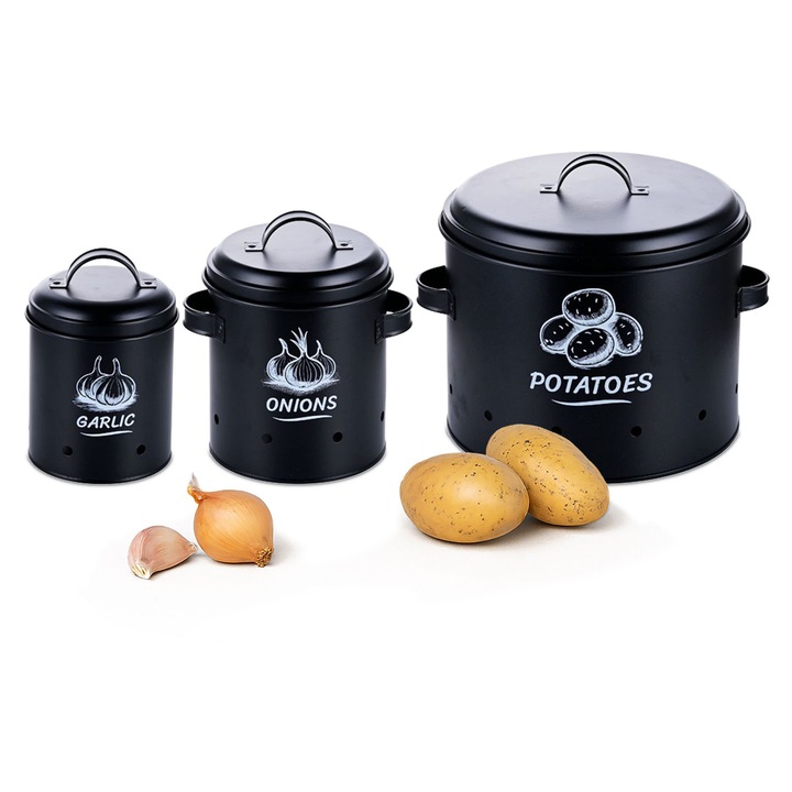 Set de 3 cutii pentru depozitare legume, Relaxdays, alb/negru, 21x26x23.5cm, 19x18x14.5cm, 17x12cm