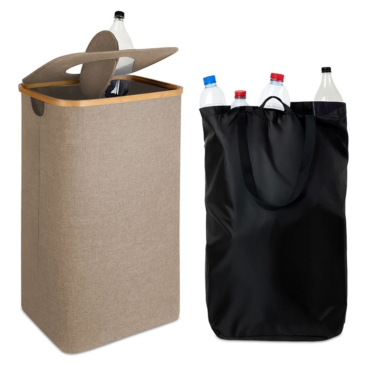 Кош за бутилки Relaxdays, 100L, 70x42x34см, бежов/светлокафяв, с подвижна вътрешна торба