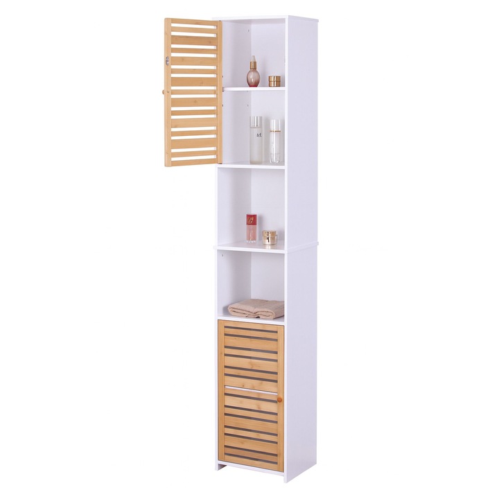 Dulap de baie inalt Relaxdays, alb, 190x34x29 cm, 6 compartimente, usi din bambus natural