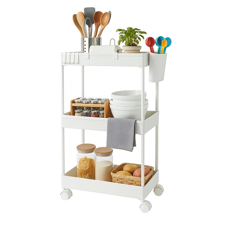 Carucior de servire Relaxdays, 3 niveluri, alb, 62.5x40x22 cm, cu accesorii