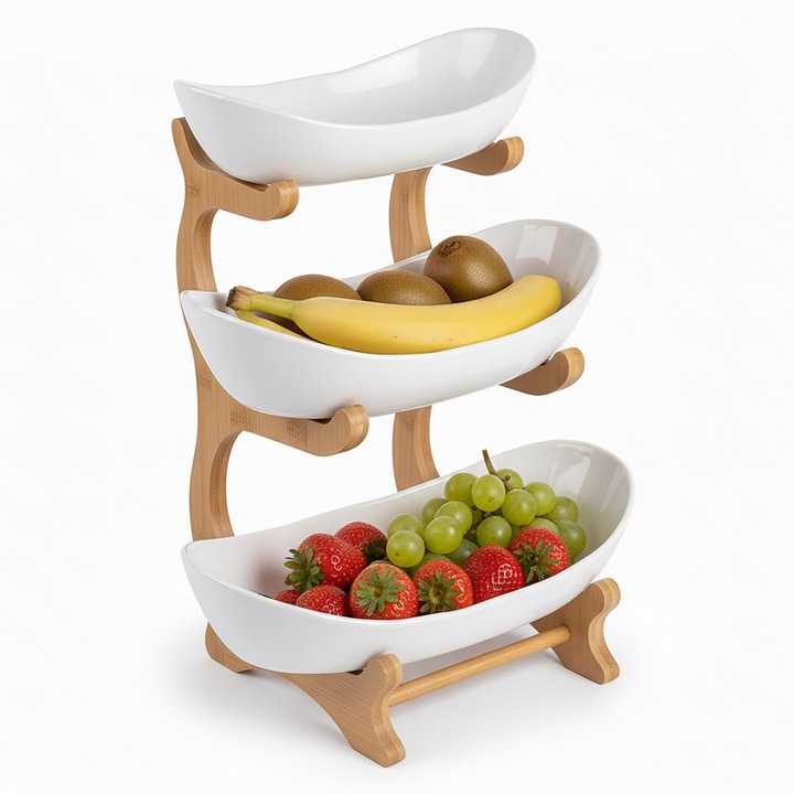 Cos de fructe Relaxdays, 3 etaje, alb/maro deschis, 34x10x25 cm