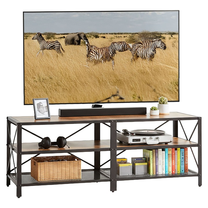 Relaxdays TV szekrény, 4 rekeszes, barna/fekete, 52x180x39 cm