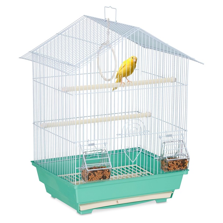 Colivie pentru pasari mici, Relaxdays, 49x39.5x32 cm, 2 perchoare, 2 boluri de hranire, albastru deschis/turcoaz