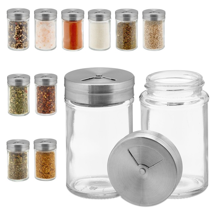 Set de 12 recipiente pentru condimente, Relaxdays, 90 ml, argintiu/transparent, 5x8.5cm
