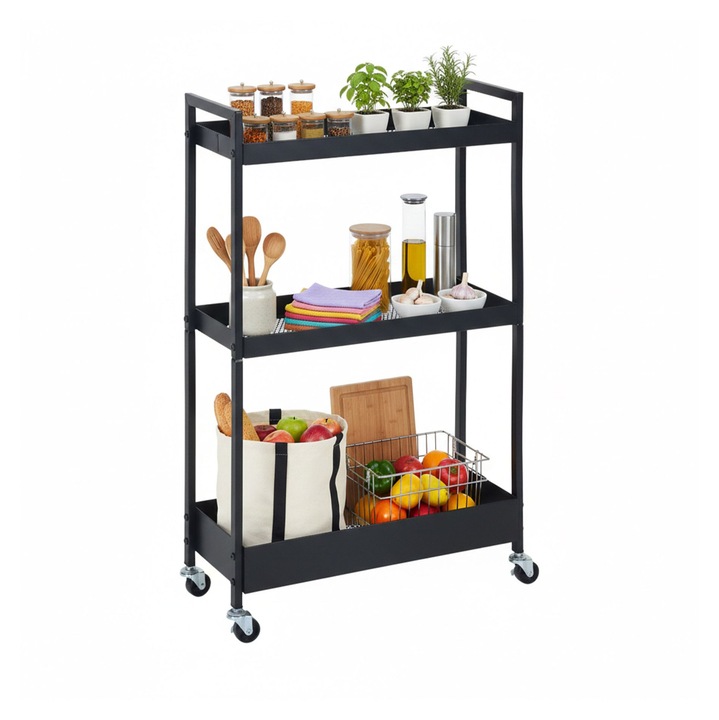 Carucior metalic Relaxdays, 3 etaje, negru, 82.5x23x60 cm
