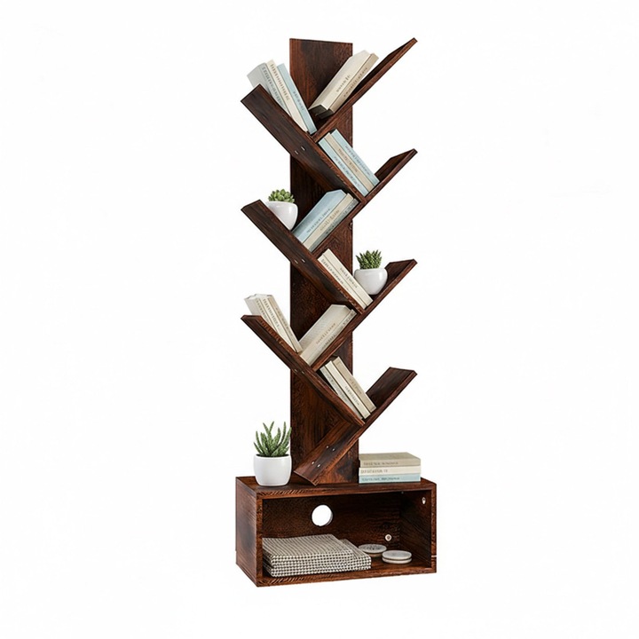 Biblioteca moderna Relaxdays, 6 rafturi, compartiment inchis, maro, 113x38x20cm