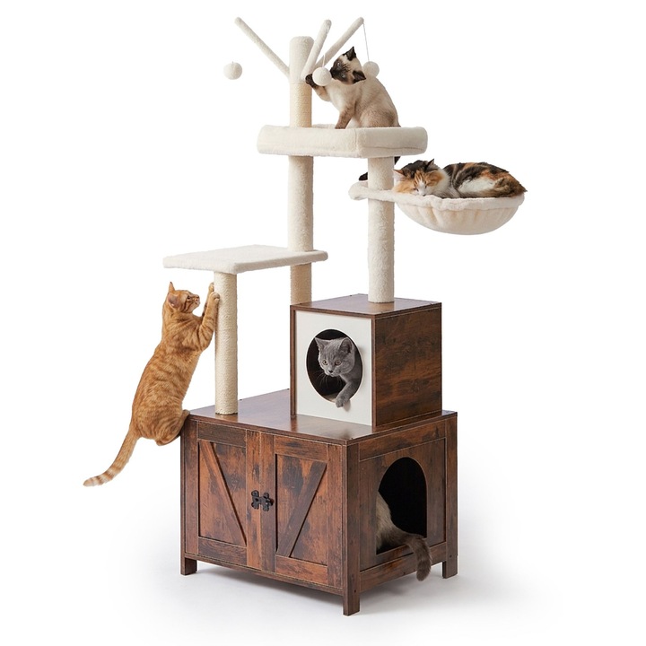 Copac pentru pisici Relaxdays cu cabinet pentru litiera, 150 cm, alb/maro inchis, 150x49x60 cm
