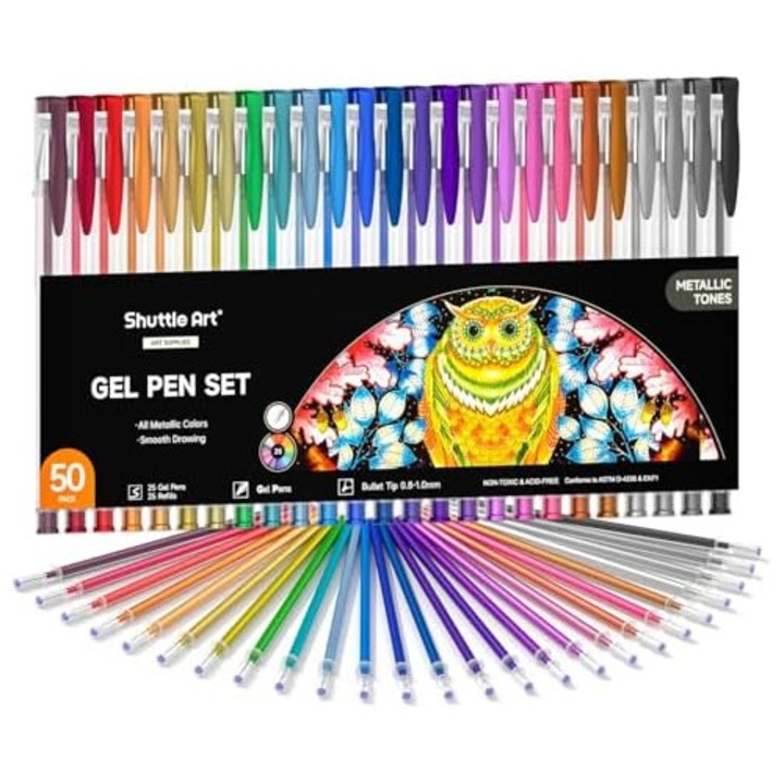 Set de 50 pixuri gel metalice Shuttle Art, 25 culori metalice, multicolor, non-toxic
