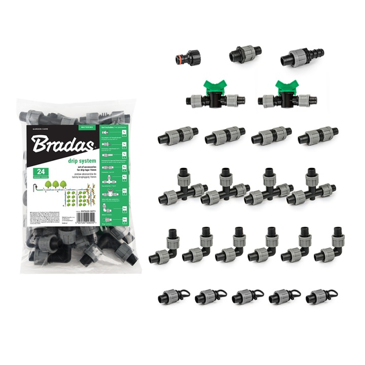 Set accesorii irigare Bradas, 24 piese, pentru banda picurare 16mm, material plastic, rezistent la UV