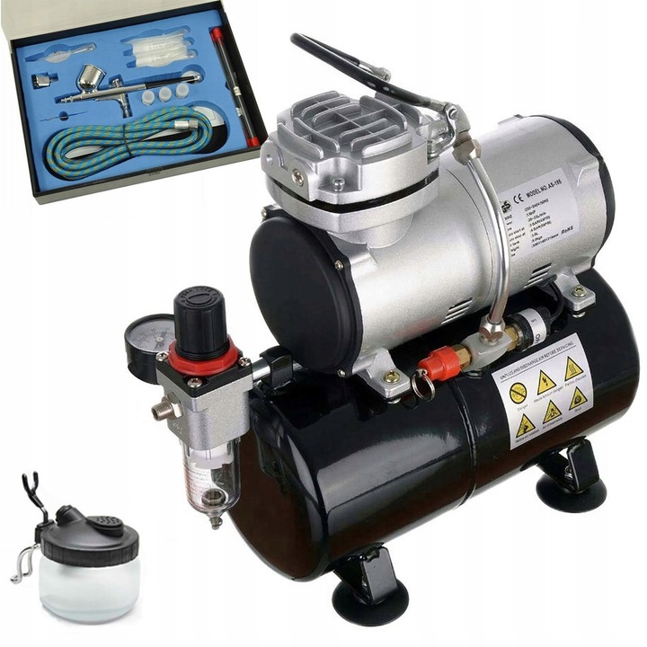 Compresor pentru aerograf cu butelca 3L, TC Technic, set complet cu aerograf BD-130K, 4 duze, 1,8m furtun