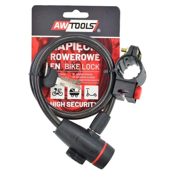 Zavor bicicleta AWTOOLS 10x65cm, cablu din otel, protectie PVC, cu suport montare