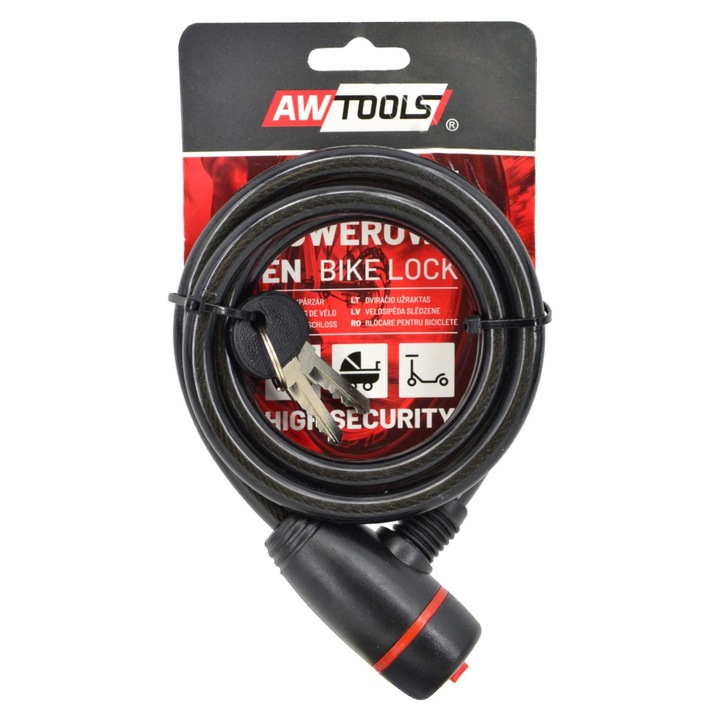 Kerékpárzár, AWTOOLS, AW24064 modell, 150cm hosszúság, 10mm átmérő, fekete szín