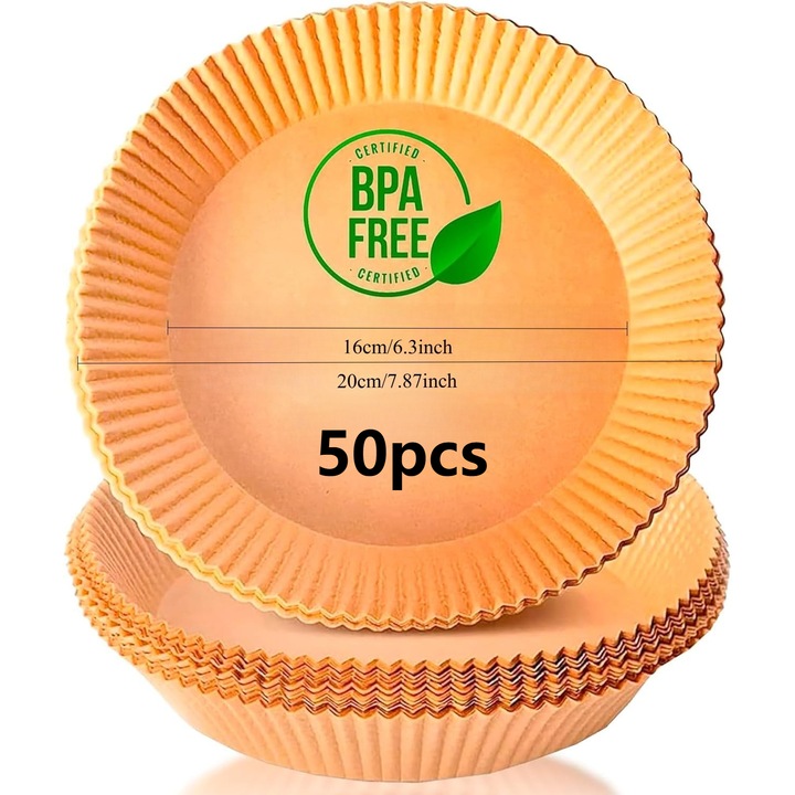 Hartie pentru Air Fryer Rotunda 50 Buc, Hartie de Copt Antiaderenta, Rezistenta la Ulei si Caldura, Pentru Friteuza cu Aer Cald