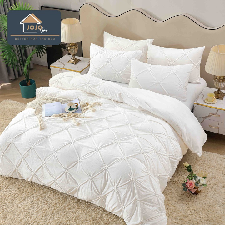 Set lenjerie de pat din catifea, Jojo Home, 4 piese, cearceaf de pat cu elastic pentru saltea 180x200cm, Alb