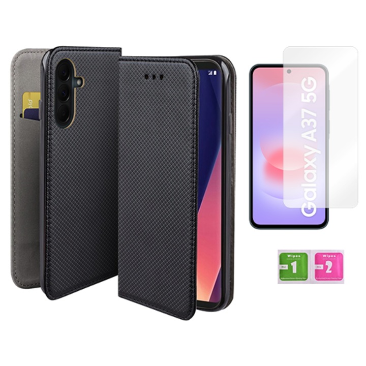 Etui cu clapeta pentru Samsung Galaxy A37 5G, MARTECH, magnet, piele ecologica, negru, set cu sticla hartonata 9H