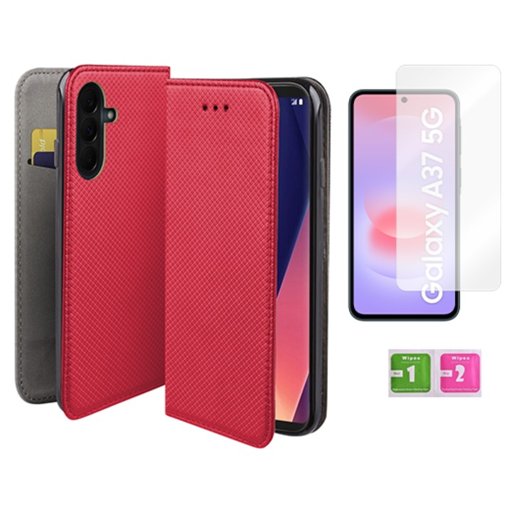 Etui cu clapa pentru Samsung Galaxy A12 M12, MARTECH, rosu, cu magnet si sticla hartata 9H, set complet