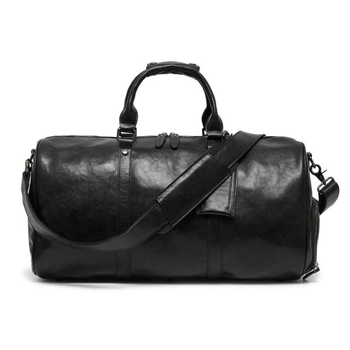 Geanta voiaj, fitness, din piele naturala, 51x24x25cm, negru, eR D L