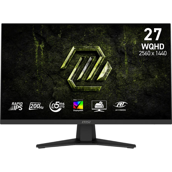 Monitor Gaming MSI MAG 274QF E20, 27", WQHD (2560x1440), Rapid IPS, 200Hz, 0.5ms (GtG, Min.), Adaptive-Sync, AI Crosshair, AI Vision, Anti-Flicker, VESA DisplayHDR 400, HDMI, DisplayPort, Negru