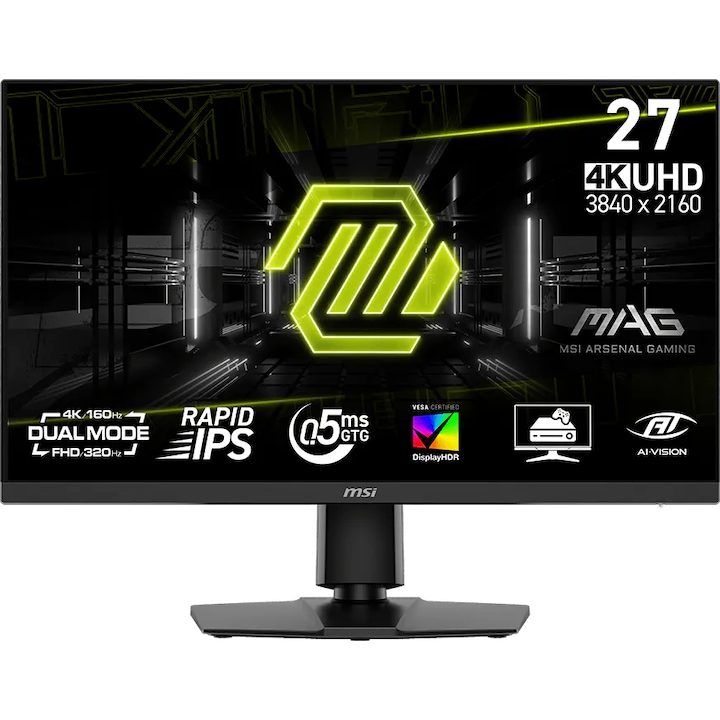 Monitor Gaming MSI MAG 272URDF E16, 27", Dual Mode UHD (3840x2160)/160Hz, FHD (1920x1080)/320Hz, Rapid IPS, 0.5ms (GtG, Min.), AMD FreeSync™ Premium, VESA DisplayHDR 400, HDMI, AI Crosshair, AI Vision, Anti-Flicker, DP 1.4a, HDMI™ 2.1, USB, Pivot, Negru