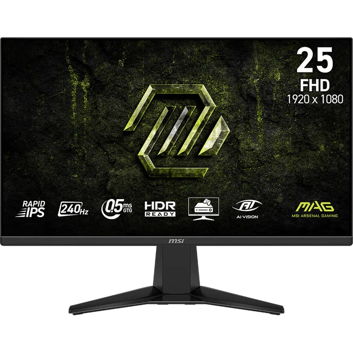 Монитор Gaming MSI MAG 255F X24, 24.5", FHD (1920x1080), Rapid IPS, 240Hz, 0.5ms (GtG, Min.), Adaptive-Sync, HDR Ready, AI Crosshair, AI Vision, Anti-Flicker, DisplayPort 1.2a, HDMI™ 2.0b, Черен