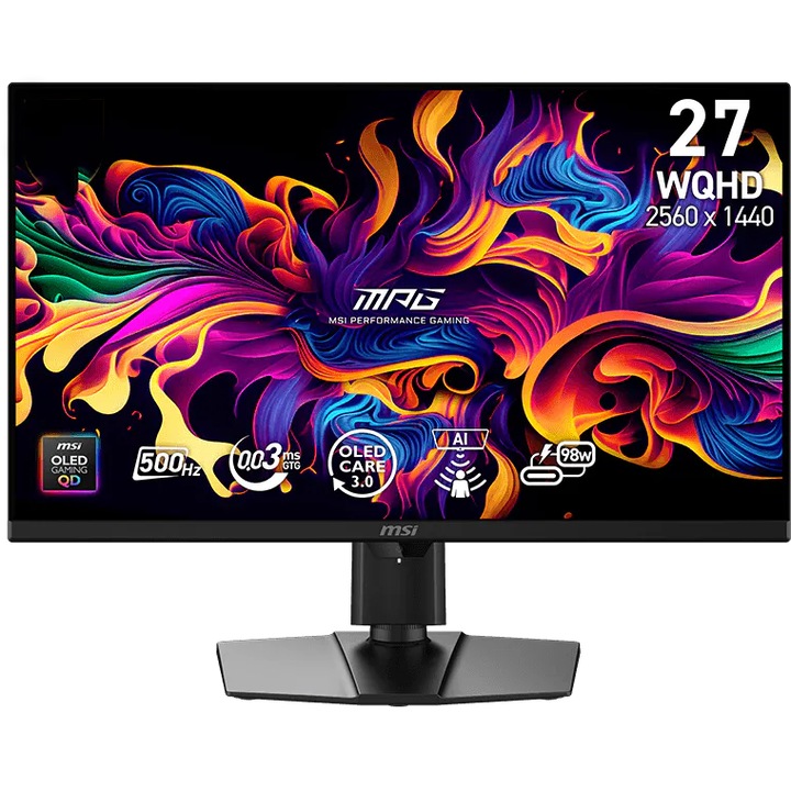 Monitor Gaming MSI MPG 271QR QD-OLED X50, 26.5", WQHD (2560x1440), 500Hz, 0.03ms (GtG), AMD FreeSync™ Premium Pro, G-Sync Compatible, HDR True Black 500, Low Input Lag, OLED Care 3.0, AI Crosshair, AI Vision, HDMI 2.1, DP 2.1a, USB-C 98W PD, Pivot, Negru