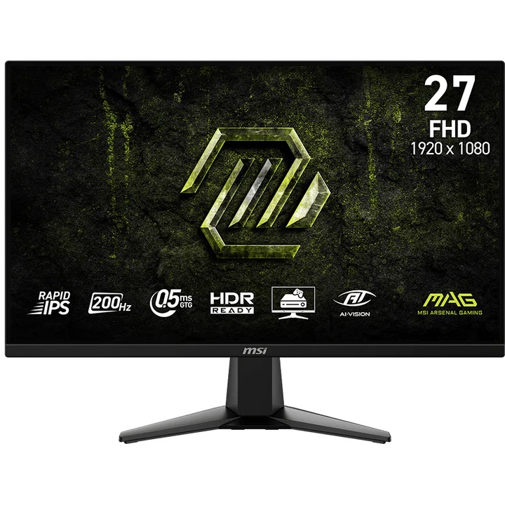 Monitor Gaming MSI MAG 275F E20, 27", FHD (1920x1080), Rapid IPS, 200Hz, 0.5ms (GtG, Min.), Adaptive-Sync, HDR Ready, AI Vision, Anti-Flicker, DisplayPort 1.2a, HDMI™ 2.0b, Negru