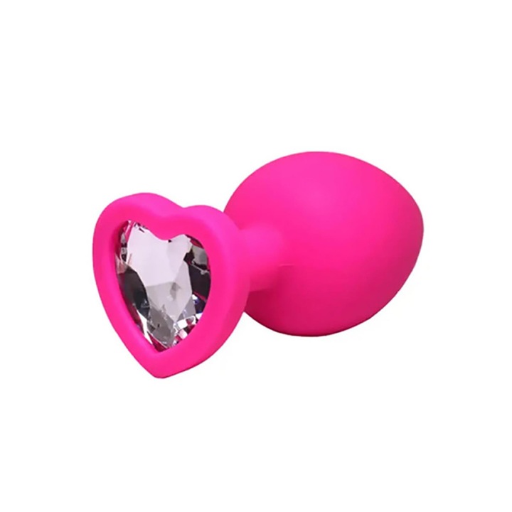 Plug anal roz cu forma de inima, Fantasy, dimensiune Small, 7x2,8cm, decorat cu cristal alb