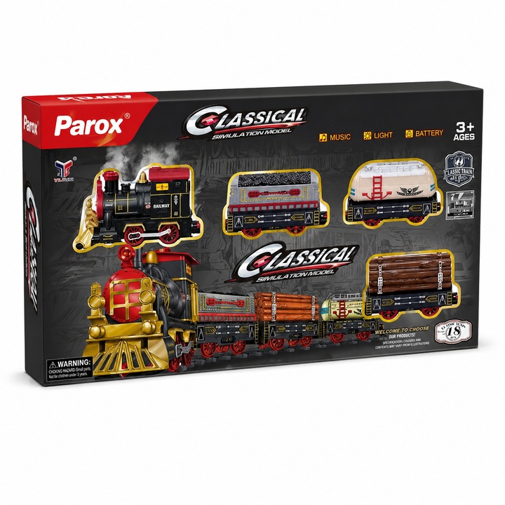 Trenulet Electric cu Abur pentru Copii Parox, Set Tren Clasic cu Lumini si Sunete, Sine 98x48 cm, 18 Piese, 4x AA, 3+ Ani