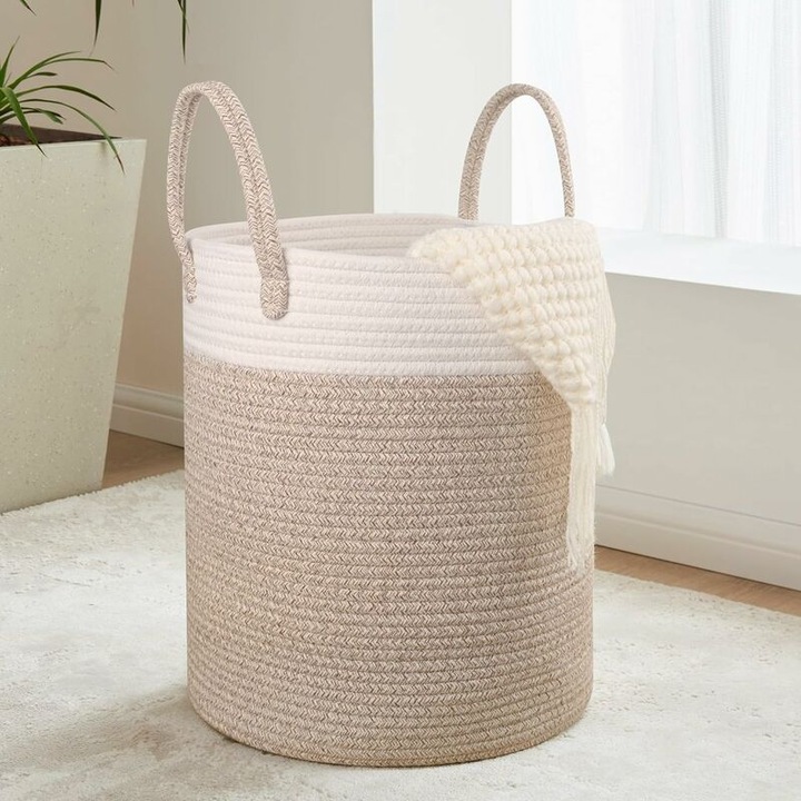 Cos pentru rufe din bumbac tesut, 38L, 35x40cm, manere intarite, lavabil manual