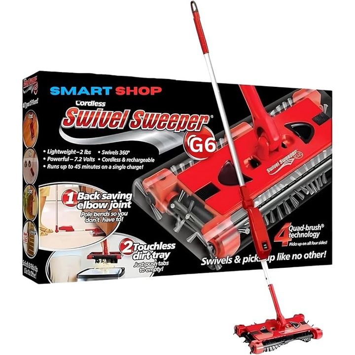 Matura electrica, Mop electric fara fir Swivel Sweeper G6, 360°, reincarcabil, 4 perii rotative, recipient colectare, autonomie 45 min