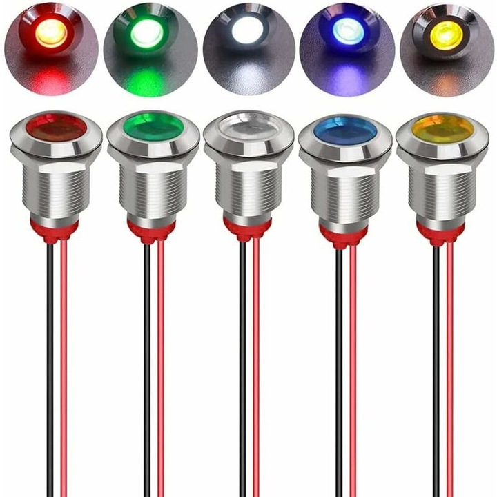Set 5 bucati LED metalice 12mm, semnalizare impermeabila, culori multiple, 12/24V DC