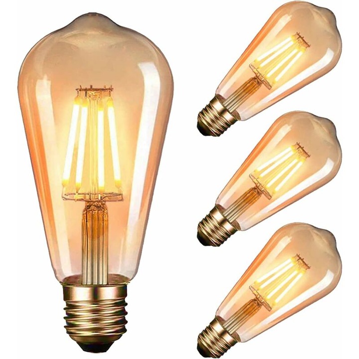 4 db Edison LED izzó készlet, Retro stílus, 4W, 220V, Borostyán üveg, Csepp forma