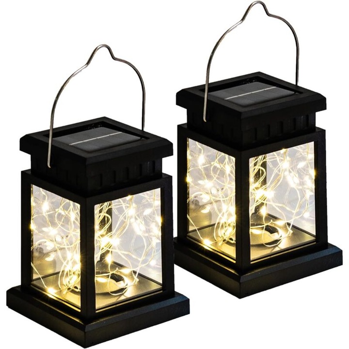 Lanterna solara exterioara cu 30 LED-uri albe calde, incarcare automata, rezistenta la apa, 8h incarcare, decorare gradina