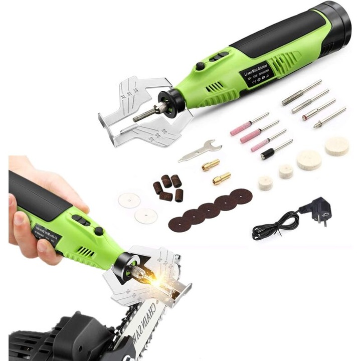 Set ascutitor electric pentru lanturi de ferastrau, 27 piese, acumulator 12V, 2 ore autonomie, accesorii incluse