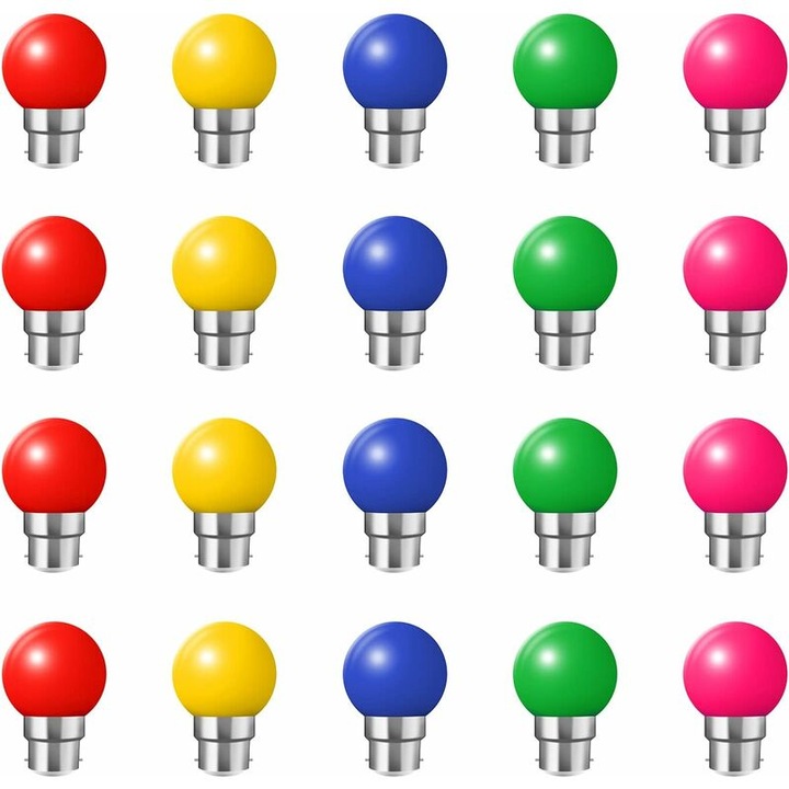 20 db színes B22 LED izzó készlet, 1W, piros, sárga, rózsaszín, zöld, kék