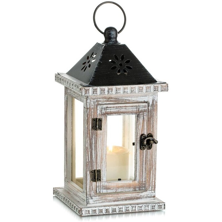 Lanterna de lemn pentru lumanari, 28cm, rustica, alba, suport pentru lumanari, decor pentru casa si gradina