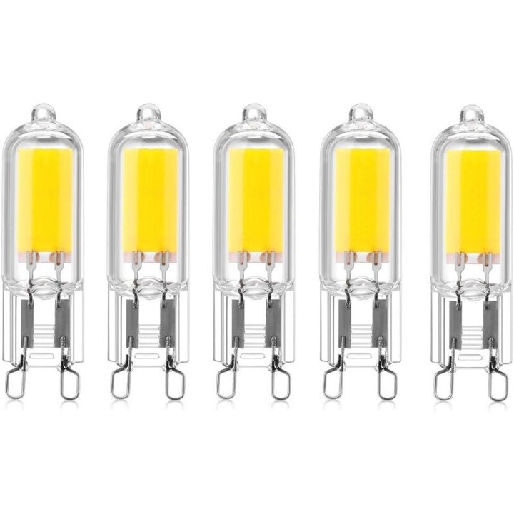 5 db G9 LED izzó készlet, 2W, 3000K, 200 lumen, 10W-20W-nak megfelelő, méretek 15x50mm