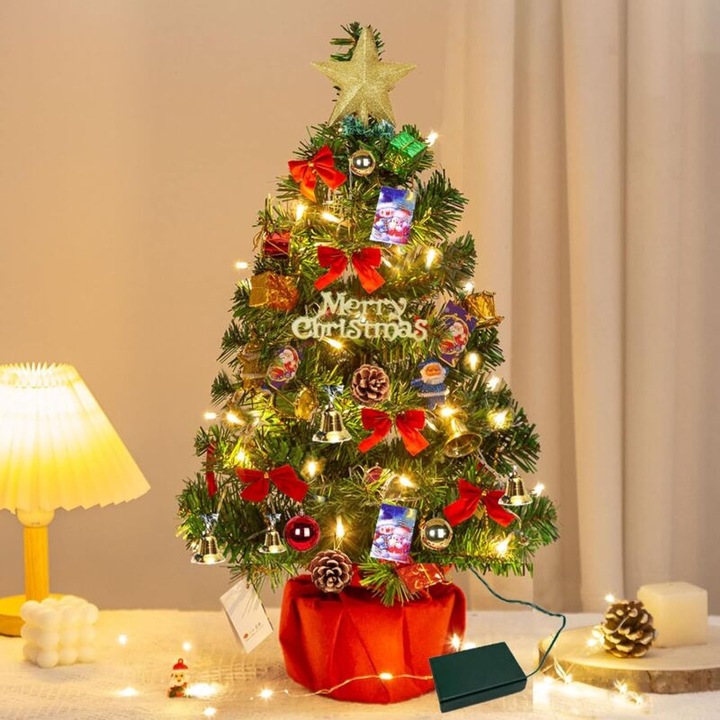 Brad de Craciun artificial mini 60cm, cu lumini LED si ornamente, verde, set decorativ