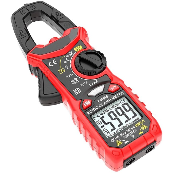 Multimetru digital cu clema, masurare AC/DC, 60A/600A, ecran LCD, rosu/negru, set complet