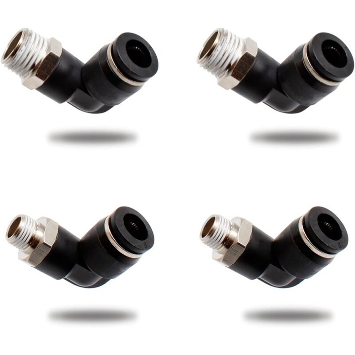 Set de 4 conectori pneumatice, 8mm x 1/4" si 8mm x 1/8", conectori unghiulari negri, accesorii compresoare