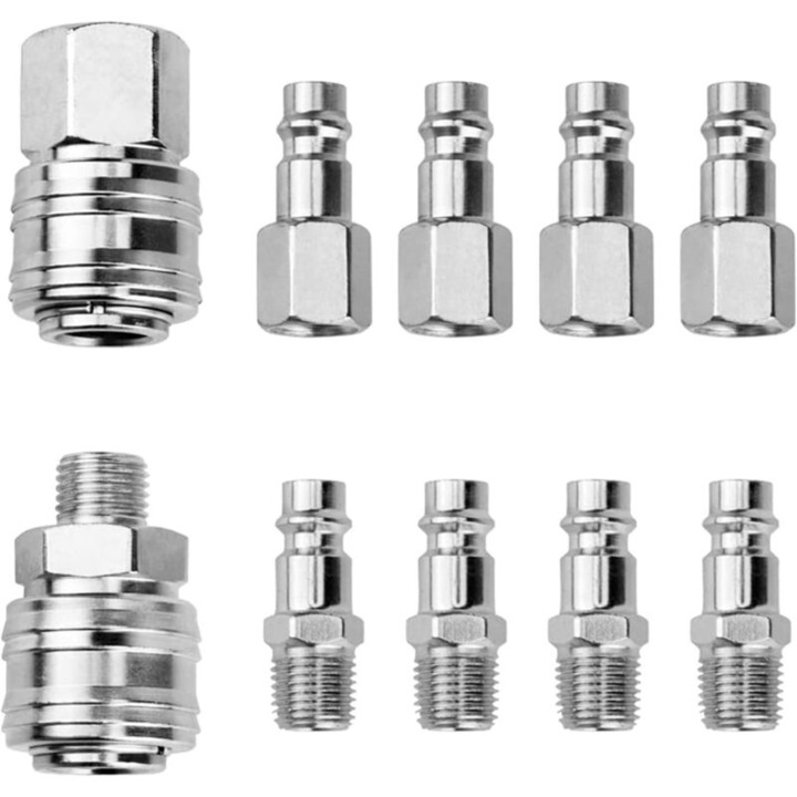 Set conectori rapide pentru compresor, 10 piese, 1/4" BSP, din otel tratat termic, rezistent la rugina si coroziune