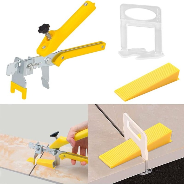 Set sistem nivelare gresie, 200 clipsuri, 100 wedge-uri galbene, 1 clema pentru gresie