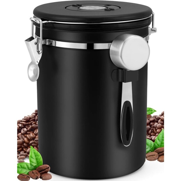 Légmentesen záródó élelmiszertartó kávéhoz, 2.8L, mérőkanállal, fekete