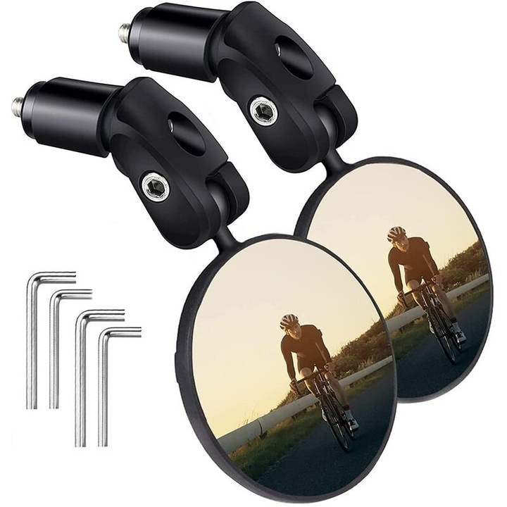 Set de 2 oglinzi biciclete, 7cm, rotire 360°, negru, compatibile cu ghidon plat si bare de suspensie