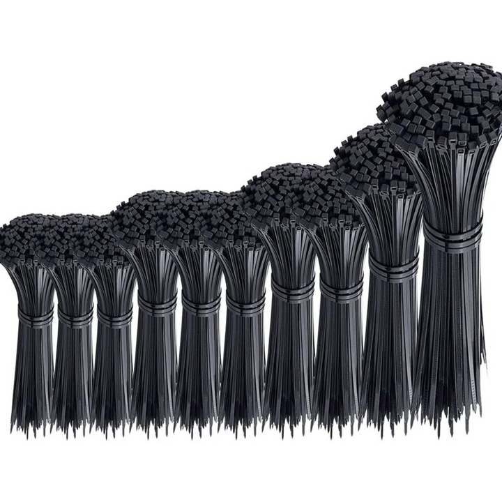 Set de 1000 de legatori de cablu negri, dimensiuni variate 100x3mm, 150x3mm, 200x4mm, 250x4mm, 300x4mm