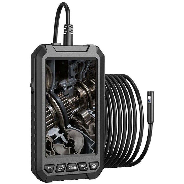 Camera endoscopica cu ecran HD IPS de 5 inch, 6+1 LED-uri, cablu flexibil de 5m, IP67, neagra